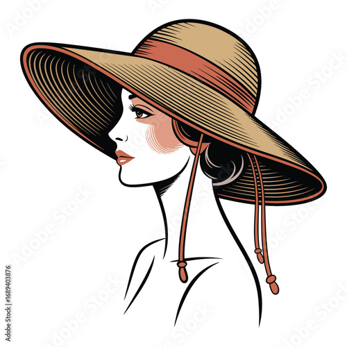 Vector Illustration of Woman Profile Wearing Wide Brimmed Sun Hat and Coral Shirt – Stylish Summer Fashion and Casual Outdoor Look