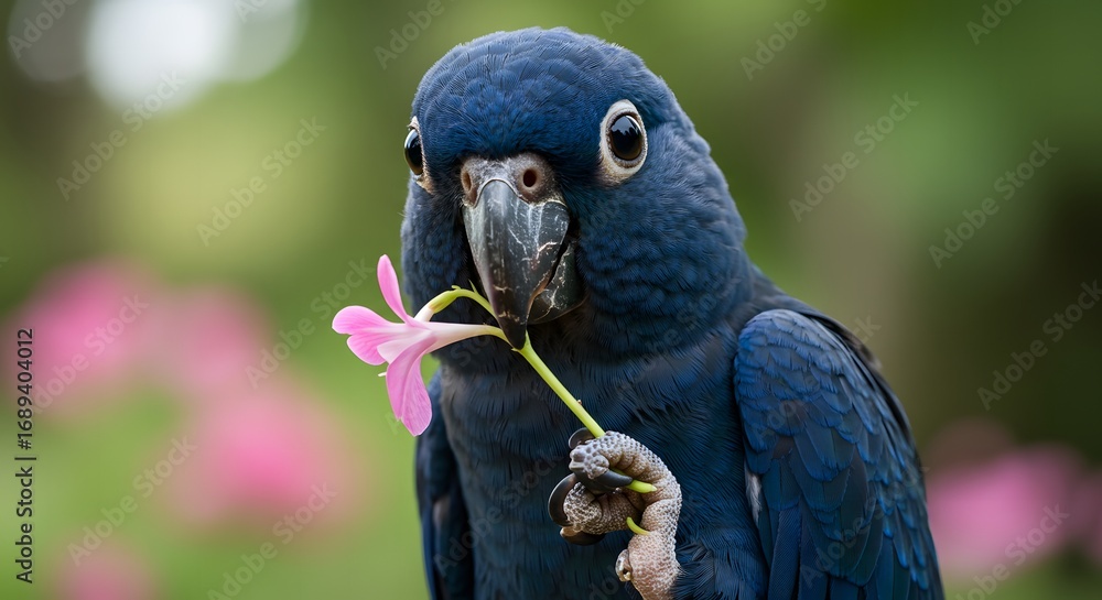Obraz premium Close up of a hyacinth macaw holding a pink flower in its claw with a blurred background of foliage
