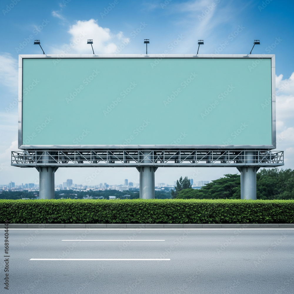 Obraz premium Massive empty teal billboard by a modern highway under a bright blue sky with clouds and a distant city skyline ready for new ads