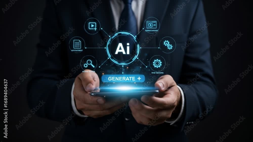 Businessman using AI technology on smartphone to generate solutions for digital transformation and business growth