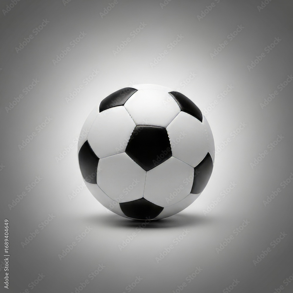 Naklejka premium Classic soccer ball with black and white panels rests on a neutral gradient background in studio photography