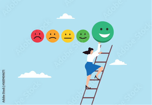 Flat illustration woman climb ladder to give positive smile rating symbolizing customer satisfaction