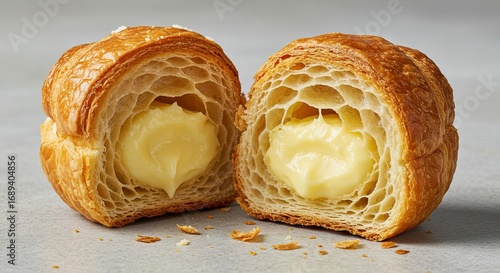 Croissant cut in half exposing custard filling with flaky layers