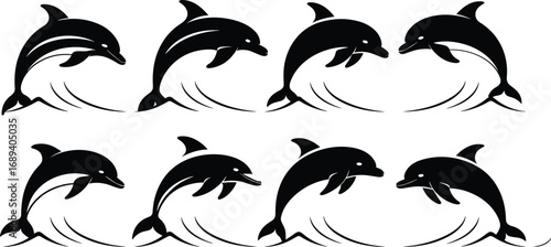 Dolphin silhouette jumping vector set, black dolphin icons, marine wildlife illustration, ocean animals clipart, playful dolphins design, flat vector illustration