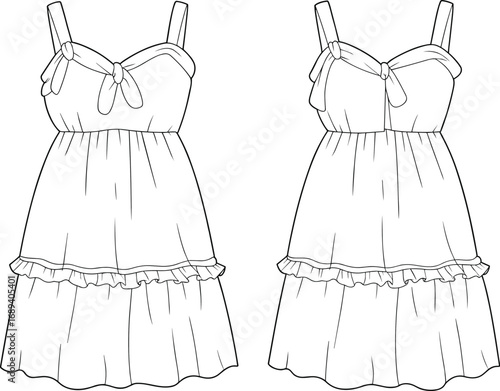 Vector flat sketch of kids summer dress with bow straps, gathered waist, ruffle hem, front and back views, fashion design template