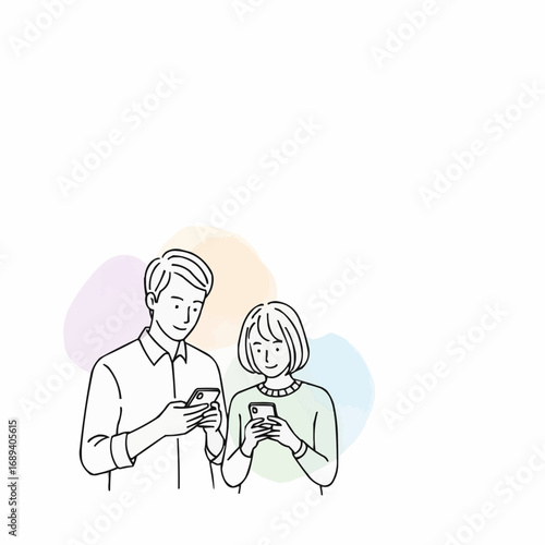 Simple vector illustration of a young couple focused on their smartphones, highlighting themes of communication and technology in the modern era