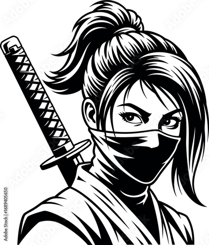 A serious and focused female ninja with a katana. Black and white vector illustration in a manga style, depicting a masked warrior with a ponytail and determined eyes.