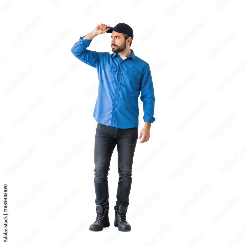 Fototapeta premium A man in a blue shirt and black pants standing against a white background.