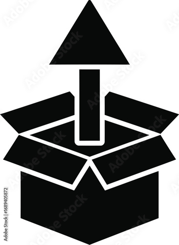 Unboxing icon a simple black and graphic depicting a box with an arrow pointing upwards, symbolizing delivery, unpacking, or new beginnings