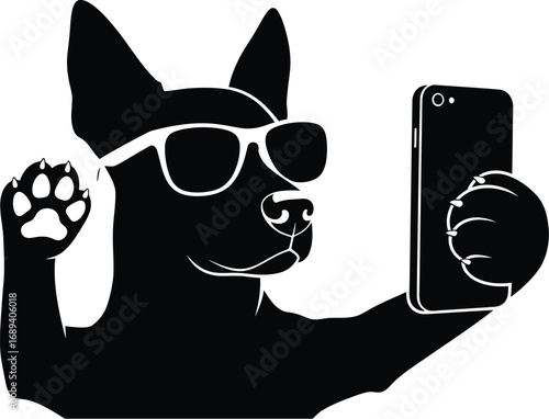 A cool dog taking a selfie, wearing sunglasses and holding a smartphone, capturing a fun moment with a paw raised in a playful gesture