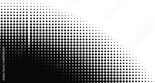 Halftone dot pattern black dots arranged in a gradient, creating a textured effect, suitable for backgrounds, overlays, and graphic design elements