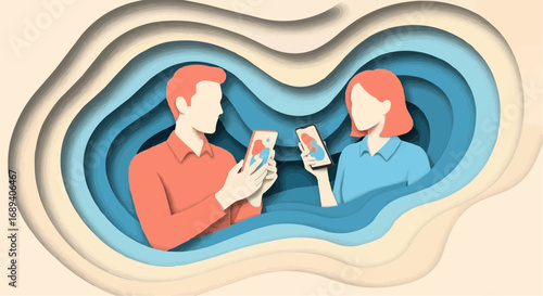Couple interacting on social media with smartphones, depicted in a modern, layered paper art illustration for communication concepts