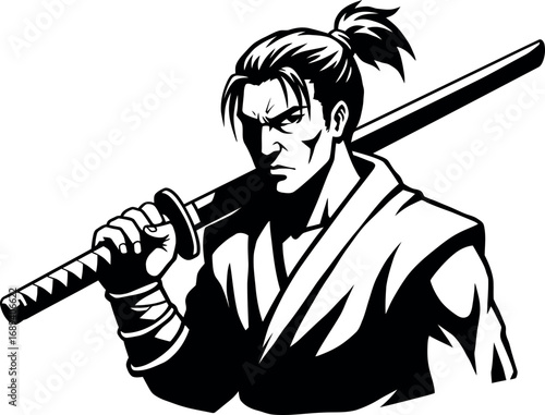 A portrait of a male Japanese samurai warrior with a katana. Black and white vector illustration depicting a determined and serious character from ancient Asia, a symbol of honor.