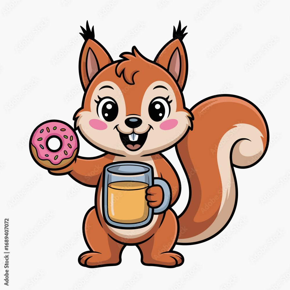 Fototapeta premium Cute Squirrel with Cider and Donut Cartoon Illustration