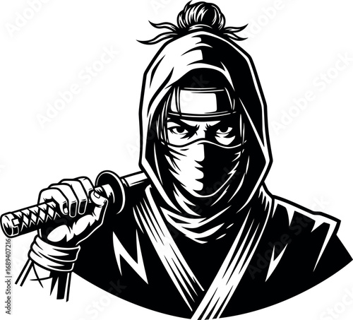 Close-up portrait of a Japanese male ninja with a hooded mask and katana sword. Black and white vector illustration of a determined warrior, a symbol of stealth and strength.
