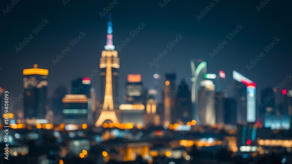 Fototapeta premium A vibrant city skyline illuminated by glowing lights against a softly blurred night backdrop.