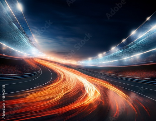 fiery trails of a speeding car illuminate a race track at night creating a dramatic and dynamic scene