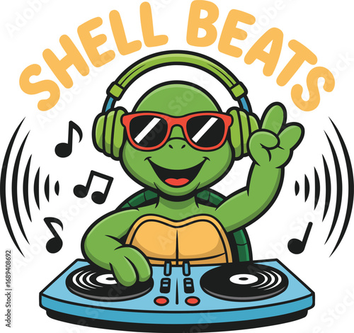 Shell Beats T-shirt Design Vector DJ Turtle with Headphones.