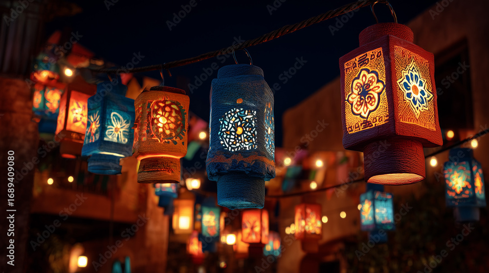 Fototapeta premium Traditional Mexican lanterns glowing at night