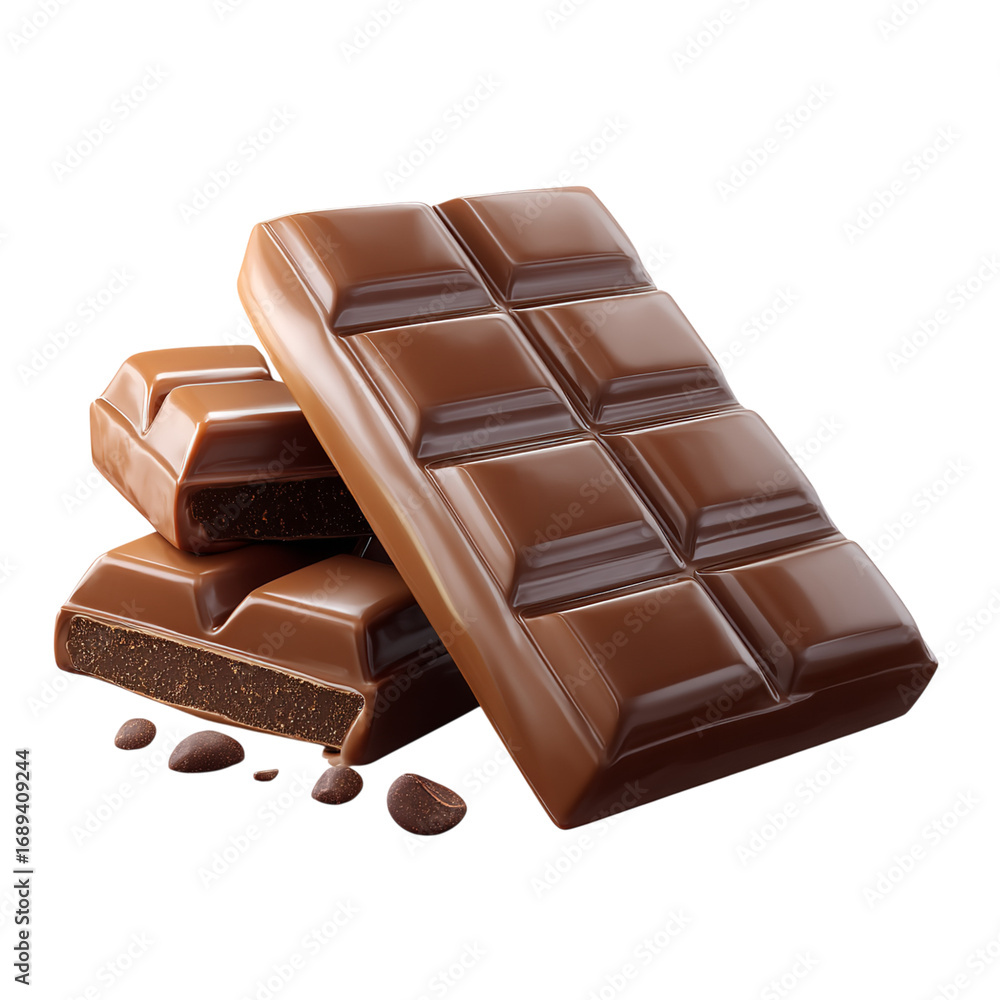Fototapeta premium A stack of milk chocolate bars with some chocolate chips on a black background close up view