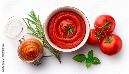 top view of isolated fresh tomatoes and paste on white background