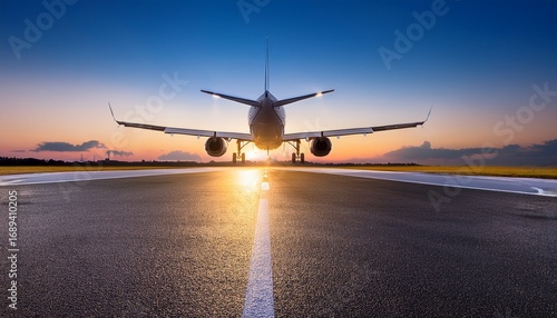 a commercial airplane approaches a runway during dusk