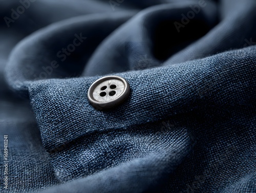 Fabric Texture & Button: A detailed close-up showcases the textures and patterns of fabric and a button, focusing on its weave and a small details, inviting a tactile experience for the viewer.