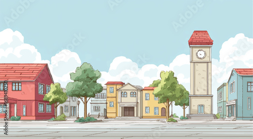Cartoon city illustration with colorful buildings trees and a clock tower under a bright blue sky with fluffy clouds