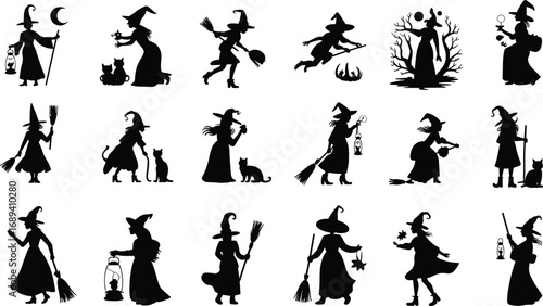 Witch silhouette collection, Halloween witches, flying broomsticks, magic wands, spooky witches, black cats, Halloween night, fantasy characters, flat vector illustration