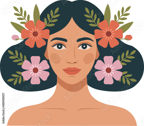 Portrait of a beautiful woman adorned with flowers in her hair