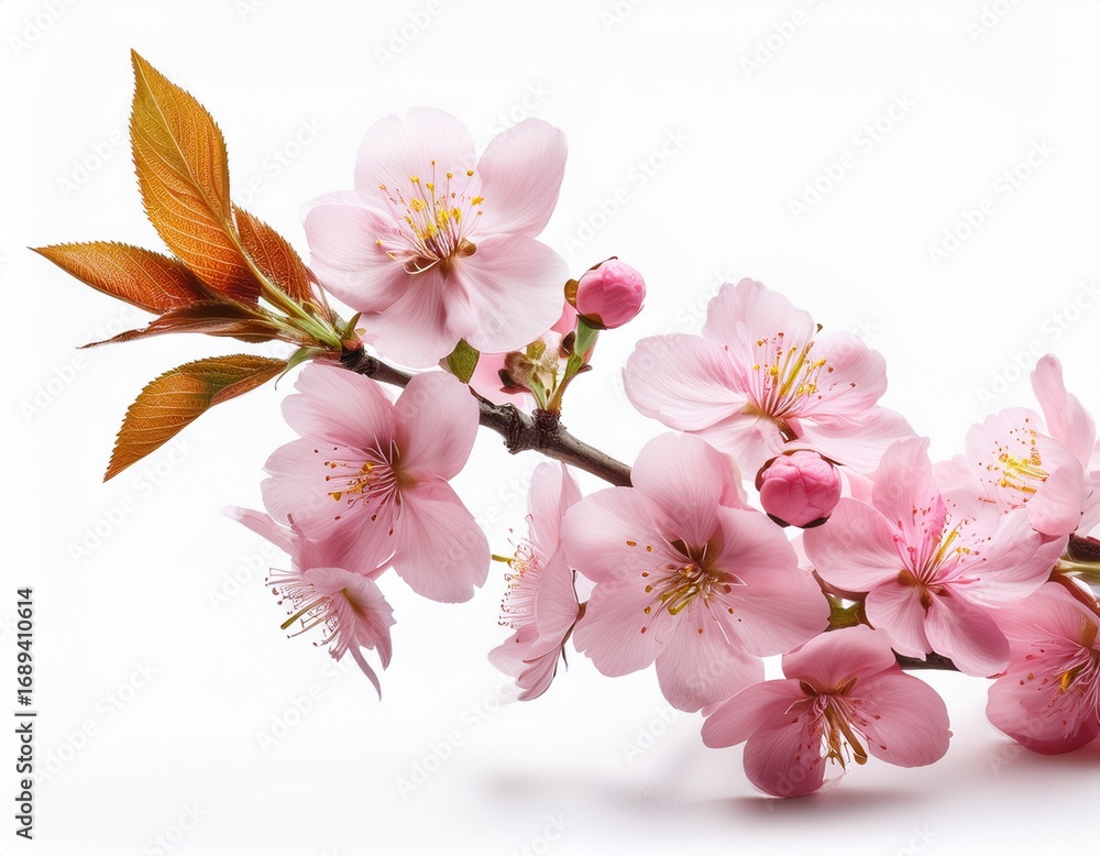 Naklejka premium cherry tree branch adorned with pink flowers isolated on white