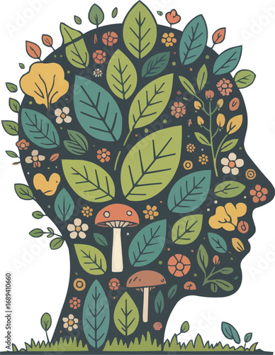 Flourishing Mind A vibrant illustration of a head filled with leaves flowers and mushrooms