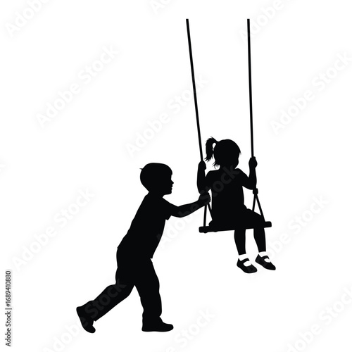 Children Silhouettes Playing on Swing Set on White Background kids playground