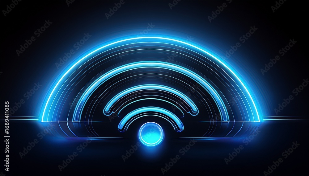 Obraz premium a glowing blue wifi symbol against a black background simple and modern it suggests connectivity and wireless technology