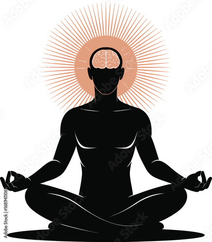 Silhouette of a man in lotus position with a visible brain and sunburst representing mind and body connection