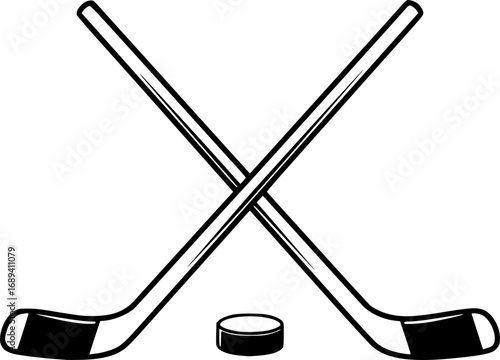 Crossed Hockey Sticks and Puck - Vector Outline Illustration
