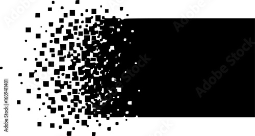 Black rectangular shape dissolving into scattered pixels on a white background depicting disintegration
