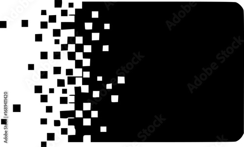 Black rectangular shape dissolving into scattered pixels on a white background depicting disintegration
