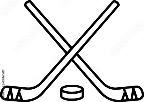 Crossed Hockey Sticks and Puck - Vector Outline Illustration
