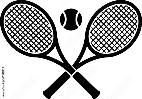Two tennis rackets with a tennis ball in the middle. The rackets are crossed over each other
