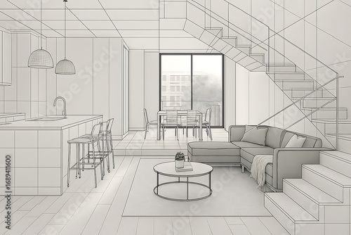 Wireframe sketch of a modern open-plan living space with kitchen and stairs interior design isolated on a transparent background