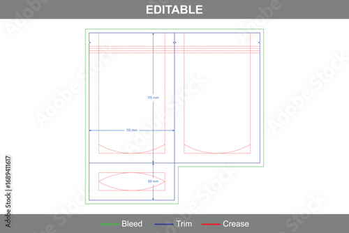 Stand up pouch packaging dieline template with editable vector die line, printable pouch layout, folding packaging template, and professional flexible packaging design