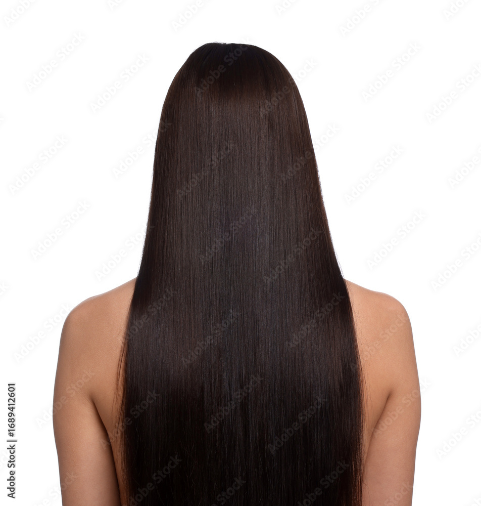 Naklejka premium Woman with beautiful smooth hair after lamination procedure on white background, back view