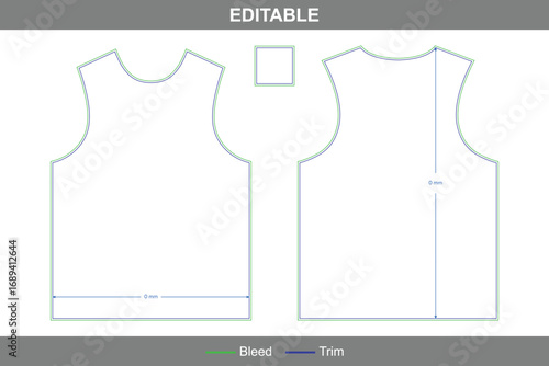 Tank top dieline with editable vector die line, printable garment template, apparel packaging layout, professional clothing design, and tank top apparel mockup