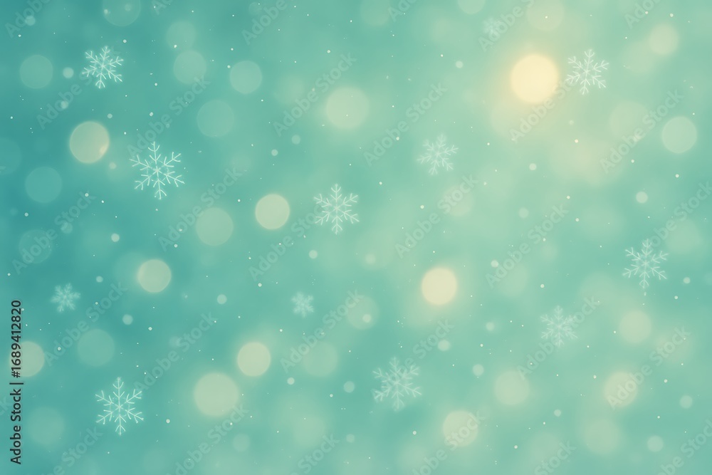 Obraz premium Soft focus teal background with glowing bokeh and delicate snowflakes