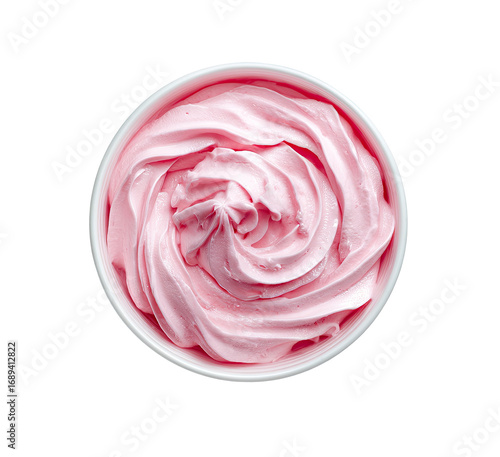 Overhead view of a light pink frozen yogurt in a white bowl