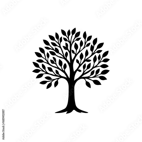 Silhouette of tree with leaves - Black silhouette illustration of a tree with branches and leaves, symbolizing nature, growth, environment, and life.
