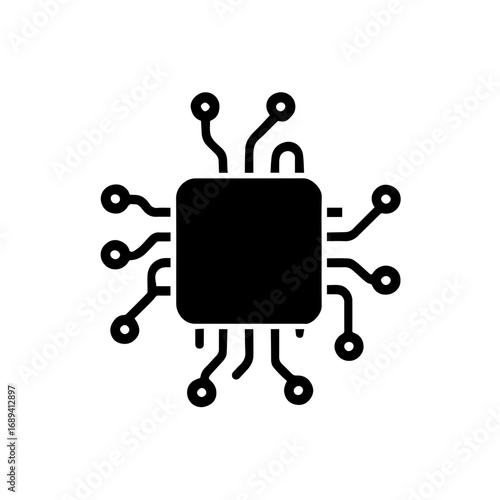 Silhouette of central microchip with circuits - Black silhouette illustration of a microchip with extended circuit lines, symbolizing computing, processors, digital hardware, and modern electronics.

