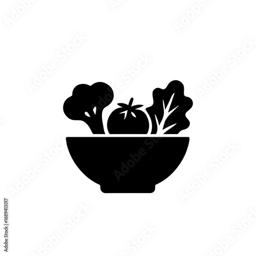 Salad bowl icon for healthy food - Black silhouette icon of a salad bowl with vegetables, symbolizing healthy eating, nutrition, vegetarian meals, organic produce, and diet lifestyle.
