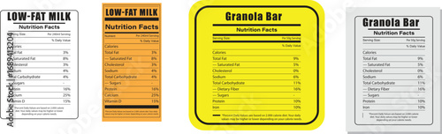 Collection of four different nutrition fact labels on white background